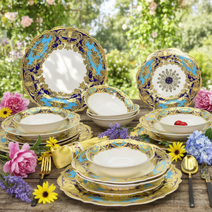Expédition rapide, 24 pièces, assiettes en <span class=keywords><strong>porcelaine</strong></span> fine dorée colorées en forme de <span class=keywords><strong>fleur</strong></span>, décorations dorées, avec bols, services de table pour 6 personnes - Product Image 1