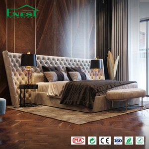 Ensemble de meubles de chambre à coucher de luxe moderne, lit king size capitonné en velours premium avec tête de lit extra large pour projet de villa ou d'hôtel - Product Image 1