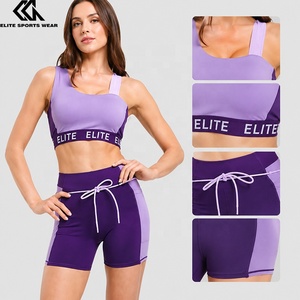 Color-blocked Gym Sets With Leggings And Sport Bra Purple Sporty High-waisted Shorts Team Logo Training Wear
