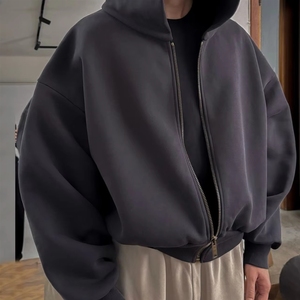 Sweat à capuche zippé épais 100 % coton, coupe oversize, uni, haute qualité, personnalisable, unisexe, effet délavé, hiver - Product Image 3