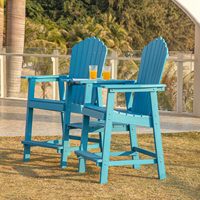 Chaise double haute de bar d'extérieur avec porte-gobelet, plateau amovible et table à 2 niveaux en bois HIPS cyan pour terrasse au bord de la piscine