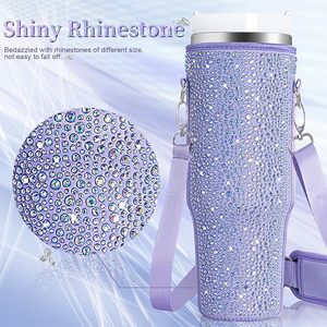 Hot 2024 แก้วน้ํากระเป๋าCarrier 40 Ozผู้หญิงคริสตัลBling Neopreneฉนวนความร้อนขวดน้ําแขนพร้อมสายคล้อง - Product Image 4