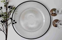 Assiette de présentation de luxe de style européen, 13 pouces, à bord nervuré noir, en verre sans plomb, sans danger pour les aliments, écologique, peinte à la main, pour les fêtes