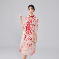 Robe Cheongsam de style chinois moderne pour femmes, grande taille, imprimé feuilles de bambou, col mandarin, Qipao coupe trapèze ample, longueur genou