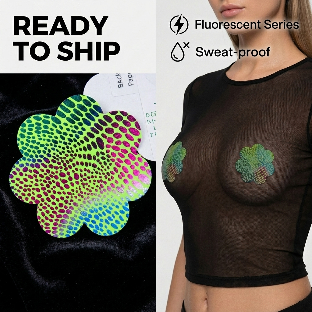 Ready to Ship Fluorescent Green Snake Pattern Nipple Covers Neon Flower Shape Pasties Sweat Proof Rave Party Wear