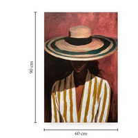 Peinture à l'huile abstraite peinte à la main sur toile roulée, art mural, femme au chapeau de paille, rouge moutarde, décoration moderne pour la maison