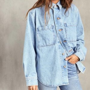 Chemisier en jean oversize classique à col boutonné et poches plaquées pour femme, manches longues, qualité supérieure - Product Image 5