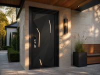 Porte d'entrée simple moderne en alliage d'aluminium avec design géométrique 3D, serrure intelligente et éclairage LED pour villa, isolée thermiquement