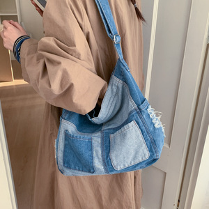 ウォッシュドカラーブロックデニムショルダーバッグ 大容量 スラウチバッグ ショッピングや旅行に - Product Image 2