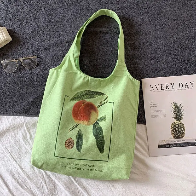 Low MOQ Colorful Ins Art Cheap Office Study Fashion Recycle Eco Bag Custom Logo Fruit Shopping Bags Cotton Canvas Tote Bag