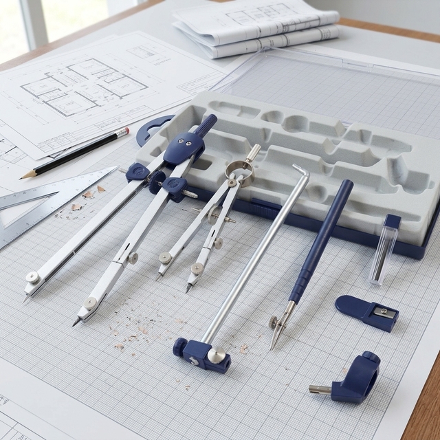 Foska Drafting Tools Math Set Durable Metal Material 7PCS Compass Geometry Tools with Case for Back to School Supplies