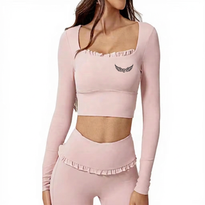 Women's Pink <b>Square</b> <b>Neck</b> <b>Long</b> <b>Sleeve</b> Crop <b>Top</b> With Ruffles And Embroidery Logo Yoga Fitness Wear - Product Image 1