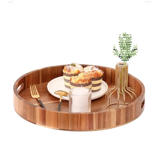 Solid Natural Round Acacia Wood Tray Wooden Tray Serving for Food Serving Trays , Living Room