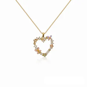 Collier Vintage en argent et or 925 pour femmes, bijoux remplis de fleurs multicolores, pendentif en forme de cœur, vente en gros