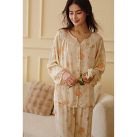 Nouvel ensemble de pyjama en satin de viscose à 100% avec imprimé floral, style coréen, avec col en dentelle