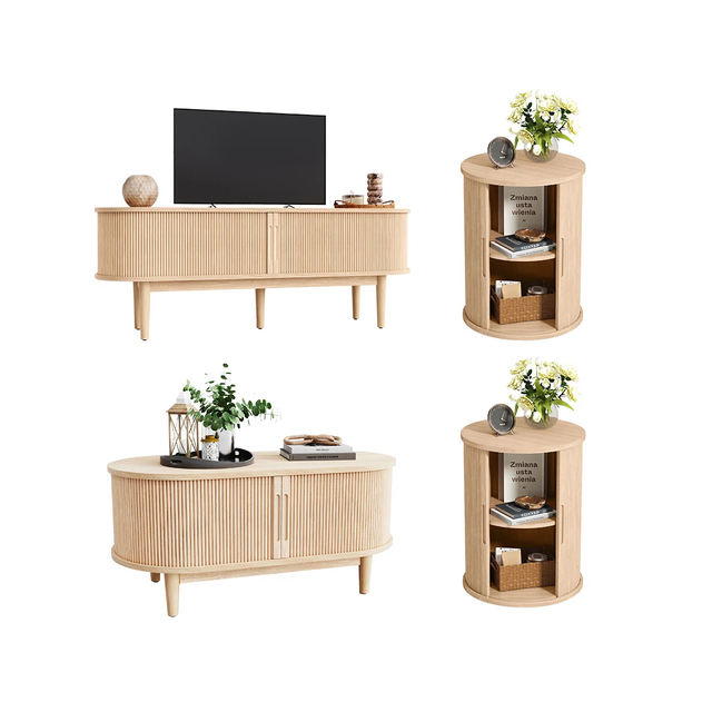 Japandi Solid Wood 3-Piece TV Stand Coffee Table End Table Set Natural Oak Fluted Living Room Furniture Eco-Friendly OEM