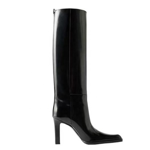 Bottines longues à effet miroir pour femmes, bottes hautes noires brillantes, chaussures à bout pointu, petits talons épais, design unique - Product Image 6