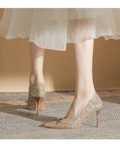 Zapatos de Tacón Alto para Mujer, con Lentejuelas Brillantes, con Nudo de Mariposa, para Oficina, Fiesta, Boda, con Punta en Pico, Elegantes y Finos - Product Image 2