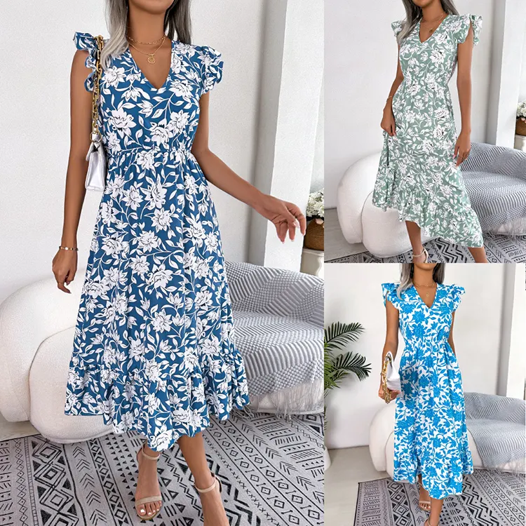 3 màu sắc kỳ nghỉ trang phục Allover in hoa Ruffle Trim Midi ăn mặc vestidos phụ nữ thanh lịch mùa hè giản dị Dresses