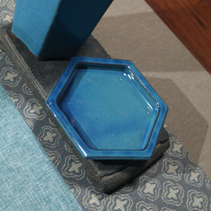 Hexagonal <b>Ceramic</b> <b>Flower</b> <b>Pot</b> With Tray Blue Glaze Bonsai Planter Desktop Plant Container - Product Image 3