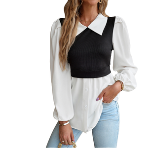 Blusa de Mujer con Contraste de Color y Mangas Abullonadas, Cuello Camisero, Manga Larga, Chifón, Estilo Casual - Product Image 1
