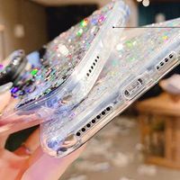Coque de téléphone en silicone transparente avec paillettes brillantes, adaptée aux téléphones iPhone, Samsung, Huawei, avec support extensible.