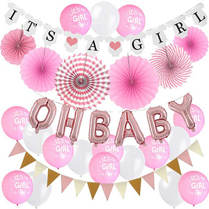 Decoração para Festa de Chá de Bebê com Balão Rosa Dourado 'Oh <span class=keywords><strong>Baby</strong></span>', Conjunto de Leques de Papel e Flores, e Faixa 'É um Menino' para Festa de Aniversário - Product Image 4