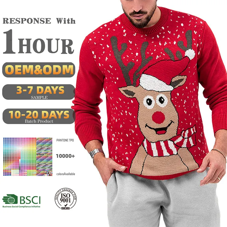 カスタムOEMODMクリスマス醜いセーターニットジャカードパターンプルオーバートナカイニットセーター男性用
