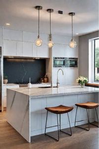 Série d'armoires rétro personnalisées, grand espace de villa, cuisinière à gaz intégrée, îlot en marbre, armoires ouvertes, rangement - Product Image 4