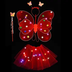 Double-layer Design 20 LED Lights Girls Stage Props Luminous Fairy Butterfly Angel Wing Costume Set With Skirt