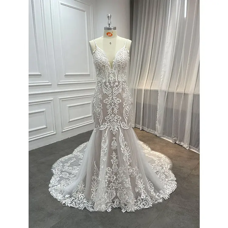 Wholesale Factory Sparkly Full Appliqued Beading Lace Real Mermaid Wedding Dress