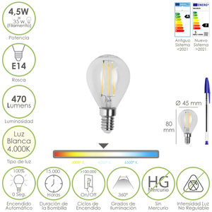 Lampadina a Filamento LED Sferica, Attacco E14. 4,5 Watt. Equivalente a 35 Watt. 470 Lumen. Bianco Neutro 4000K. - Product Image 1