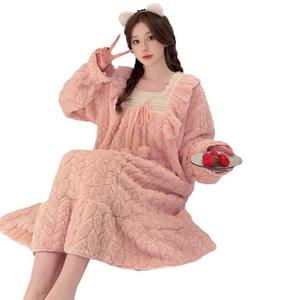 Pijamas de Felpa para Mujer, Forradas de Felpa, Gruesas, Cálidas, Estilo Princesa, Sólidas, Transpirables, de Manga Larga, Camisón de Longitud Media - Product Image 5