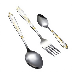 Elegante Juego de Cubiertos de Acero Inoxidable con Grabado Dorado, Acabado Espejo, Resistente al Óxido, Cubertería Plateada para Bodas y Cenas - Product Image 1