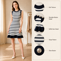 Nouvelle Robe Mini en Tricot Rayée Noire et Blanche, Élastique, Sans Manches, Boutonnée, à Volants, pour Femmes, Robes de Soirée