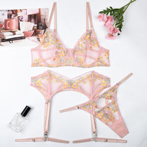 Women Sexy <strong>Naked</strong> Pink Embroidery Lace Lingerie Three-Piece Set Women Sweet Underwear Candy Color for <strong>Girls</strong> Lingerie Sets - Product Image 6