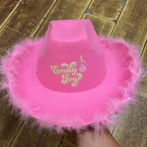 Sombrero de Vaquera con Logotipo Personalizado, Diseño Popular con Borde de Plumas, Sombrero de Vaquera Rosa para Mujer, para Fiestas y Festivales - Product Image 2