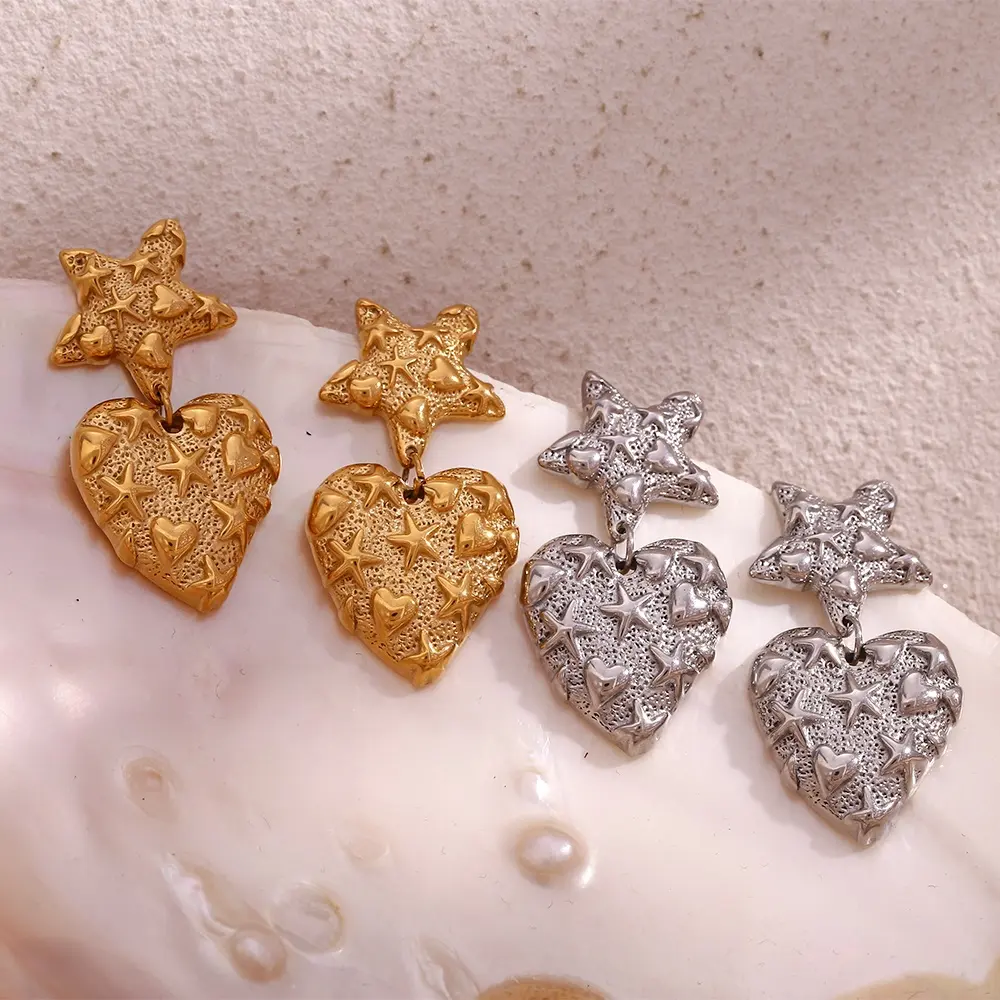 Pendientes de gota de Coral con corazón grabado, joyería chapada en oro para mujer, pendientes impermeables de acero inoxidable para mujer