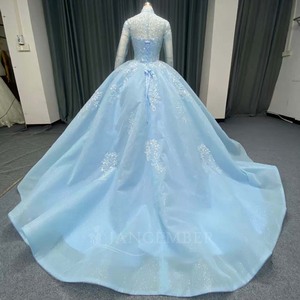 ANY258 Belle robe de soirée bleue à col haut avec paillettes et perles - Product Image 2