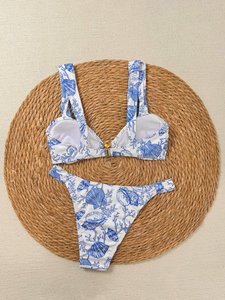 Personalizado 2026 nuevo Sexy Ribeed Floral estampado Metal Shell dos piezas Bikini Bandeau traje de baño mujeres Tanga traje de baño - Product Image 3