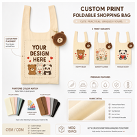 Sac de courses pliable en polyester grande taille avec pochette de rangement en peluche motif ours imprimé dessin animé original, sac d'épicerie réutilisable |   Personnalisé