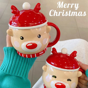 Taza Creativa de Cerámica Seaygift Estilo <span class=keywords><strong>Kawaii</strong></span> con Alce Nórdico Ins, Taza de Café Caliente de Cerámica Feliz Navidad, Taza de Té de Porcelana con Tapa - Product Image 6