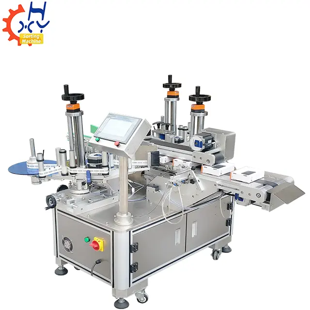 Y-Pack Fabrikant Flat Labeling Machine Met Plastic Transportband Automatische Dubbele Kop Hoek Etikettering Machine