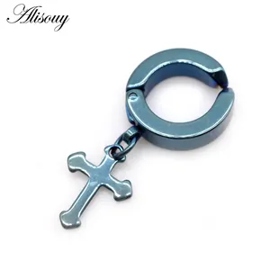 Alisouy 2pcs 새로운 12.5mm 크로스 펜던트 없음 피어싱 블랙 블루 골드 색상 스테인레스 스틸 남성 귀 클립 귀걸이