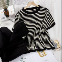 En Gros Ensemble Décontracté Femme Rétro Rayé Tricoté Taille Haute Côte Élastique Pantalon Large Jambe Manches Courtes Coupe Ample Printemps Été