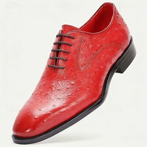 Chaussures habillées en cuir d'autruche rouge pour hommes, talon bas, style britannique, chaussures de mariage formelles, taille 38 à 47 - Product Image 1