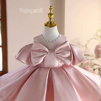 Robe de soirée élégante pour bébé fille, longueur genou, en satin, avec grand nœud et manches bouffantes, idéale pour mariage et fête, écologique