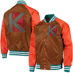 KVJ112, chaqueta universitaria de satén para hombre, diseño de invierno sin cuello de menta, bordado con letras, cuello naranja, bordado decorativo deportivo - Product Image 5