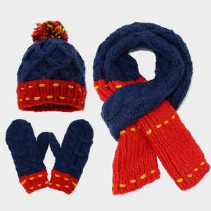 Conjunto de 3 Piezas de Moda Otoño Invierno: Gorro de Punto con Diseño de Burbujas en Dos Tonos, Manoplas y Bufanda, Cálido para el Invierno - Product Image 1