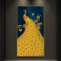 Art mural floral Paon Doré sur fond bleu, impression animale pour salon, entrée, hôtel, intérieurs Art Déco
